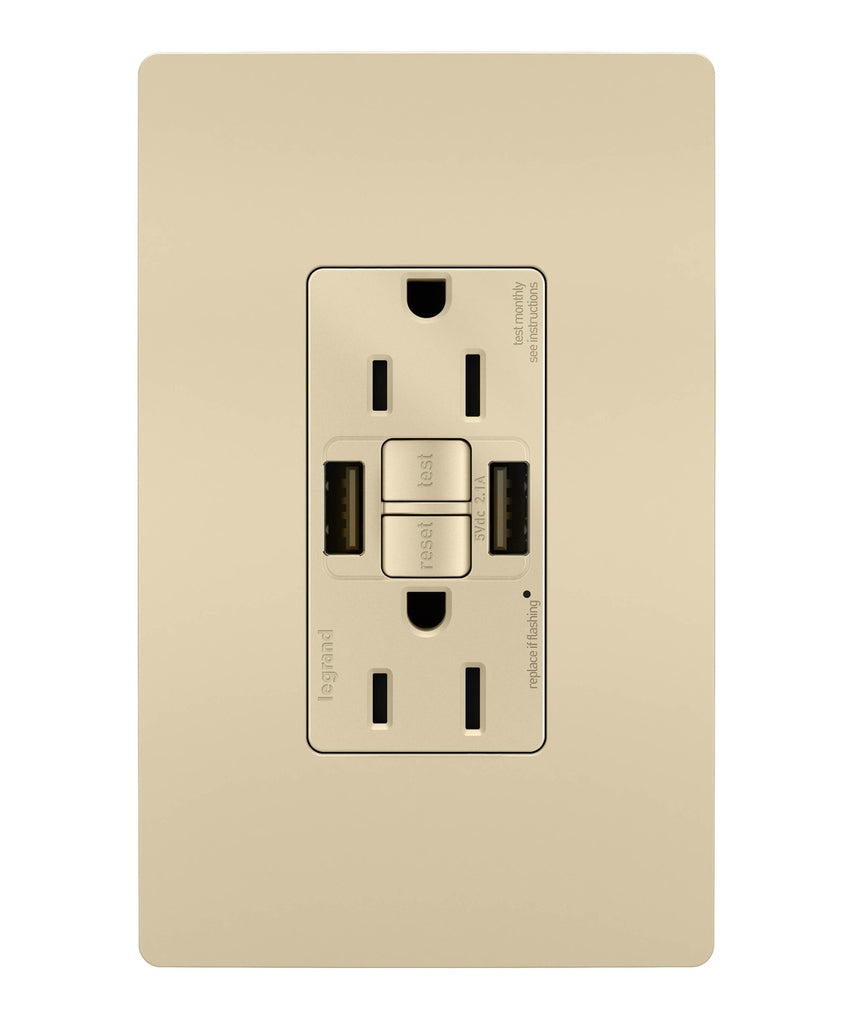 Legrand - 1597TRUSBAAI - Tamper-Resistant 15A Duplex Self-Test GFCI Receptacles with SafeLock Protection, USB Type A/A - radiant - Ivory