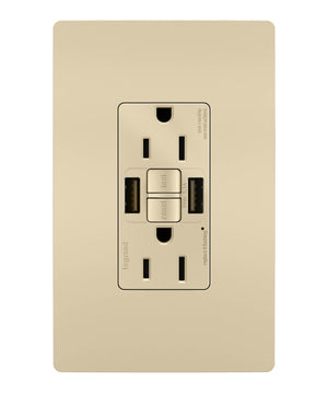 Legrand - 1597TRUSBAAI - Tamper-Resistant 15A Duplex Self-Test GFCI Receptacles with SafeLock Protection, USB Type A/A - radiant - Ivory