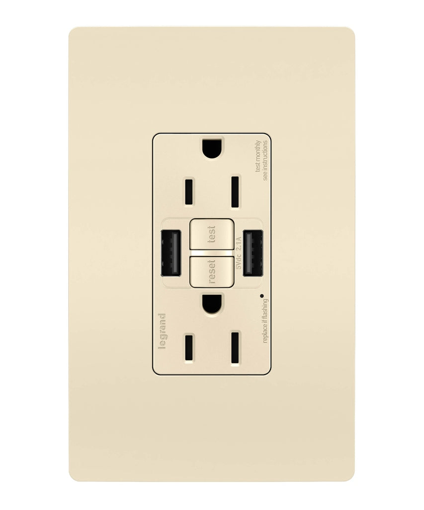 Legrand - 1597TRUSBAALA - Tamper-Resistant 15A Duplex Self-Test GFCI Receptacles with SafeLock Protection, USB Type A/A - radiant - Light Almond