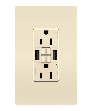 Legrand - 1597TRUSBAALA - Tamper-Resistant 15A Duplex Self-Test GFCI Receptacles with SafeLock Protection, USB Type A/A - radiant - Light Almond