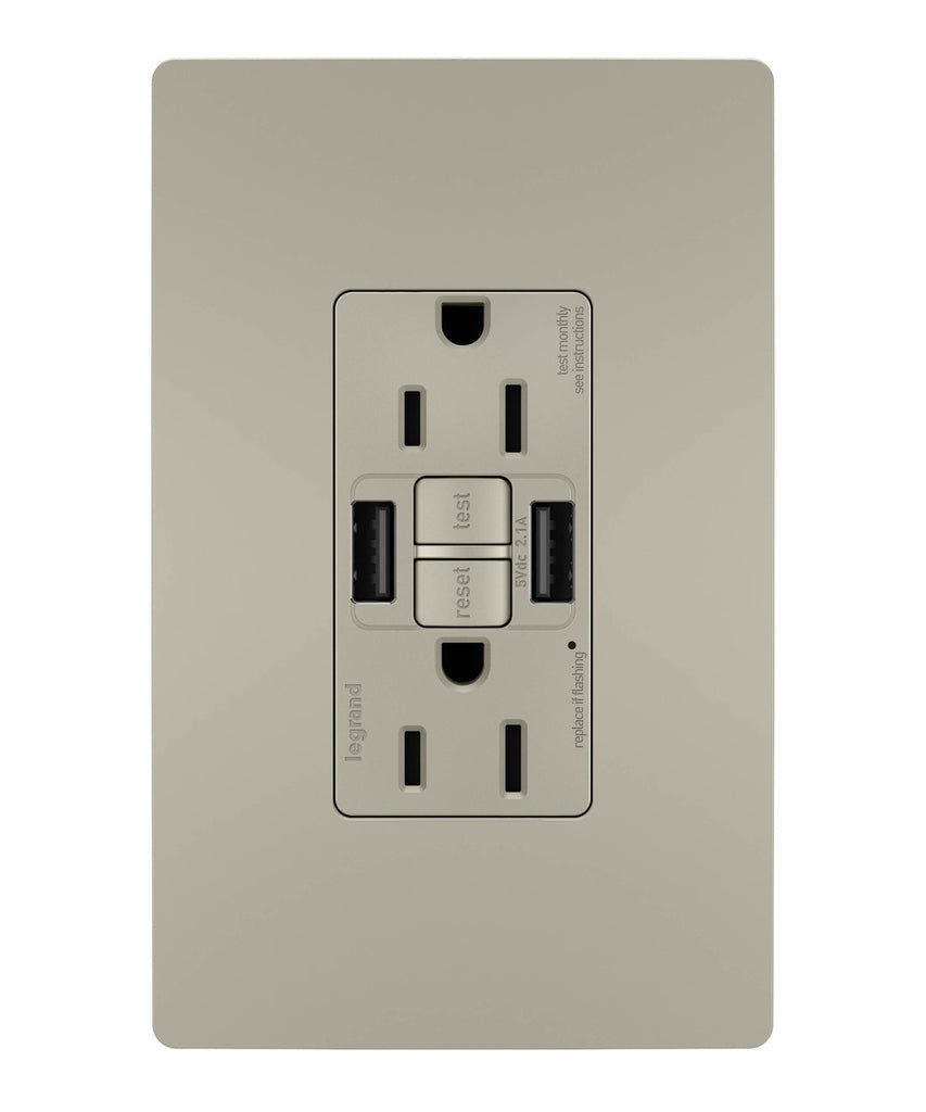 Legrand - 1597TRUSBAANIC4 - Tamper-Resistant 15A Duplex Self-Test GFCI Receptacles with SafeLock Protection, USB Type A/A C4 - radiant - Nickel
