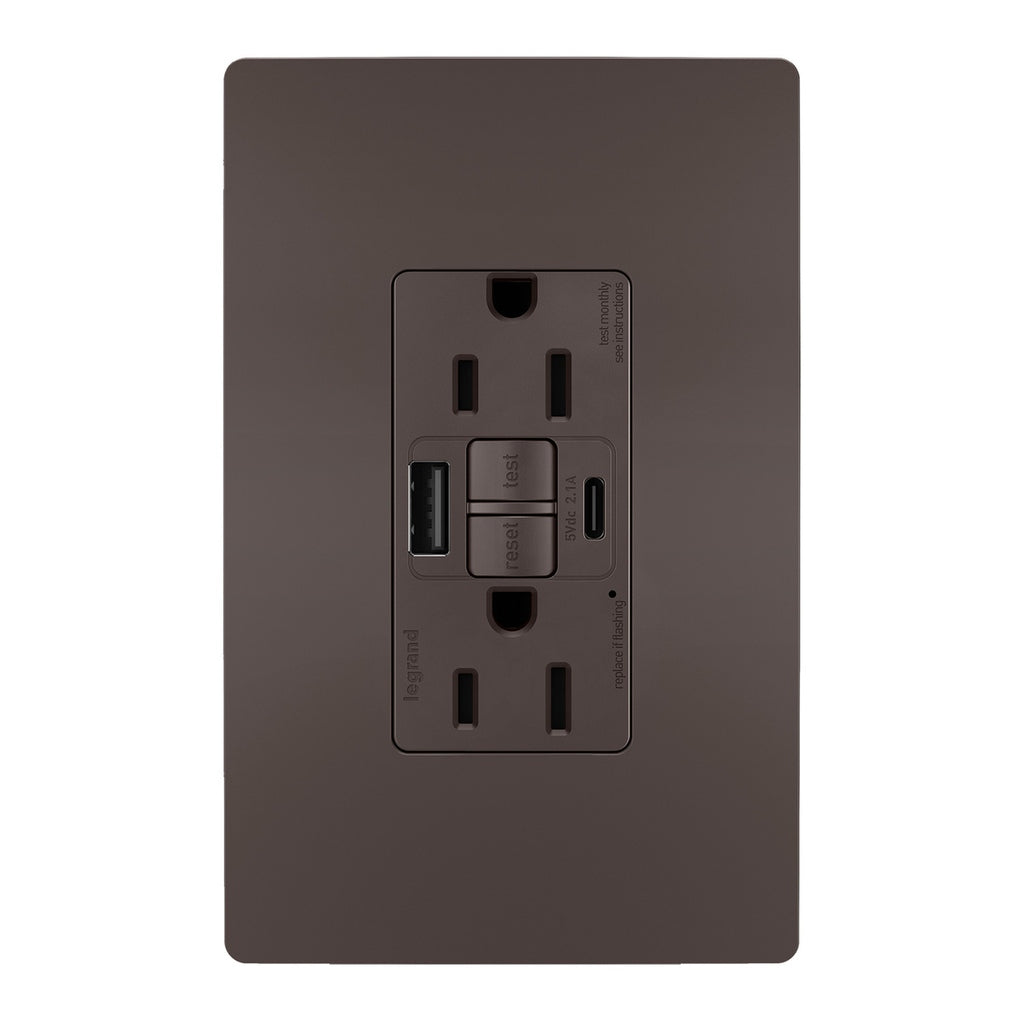 Legrand - 1597TRUSBAC - Tamper-Resistant 15A Duplex Self-Test GFCI Receptacles with SafeLock Protection, USB Type A/C - radiant - Brown
