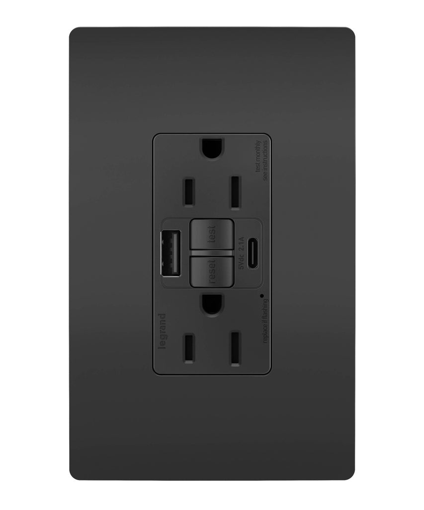 Legrand - 1597TRUSBACBK - Tamper-Resistant 15A Duplex Self-Test GFCI Receptacles with SafeLock Protection, USB Type A/C - radiant - Black