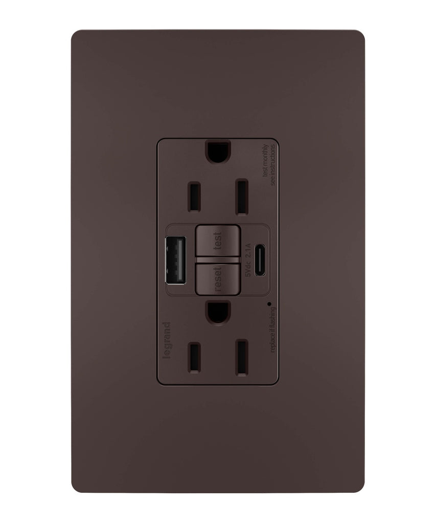 Legrand - 1597TRUSBACDBC4 - Tamper-Resistant 15A Duplex Self-Test GFCI Receptacles with SafeLock Protection, USB Type A/C - radiant - Dark Bronze