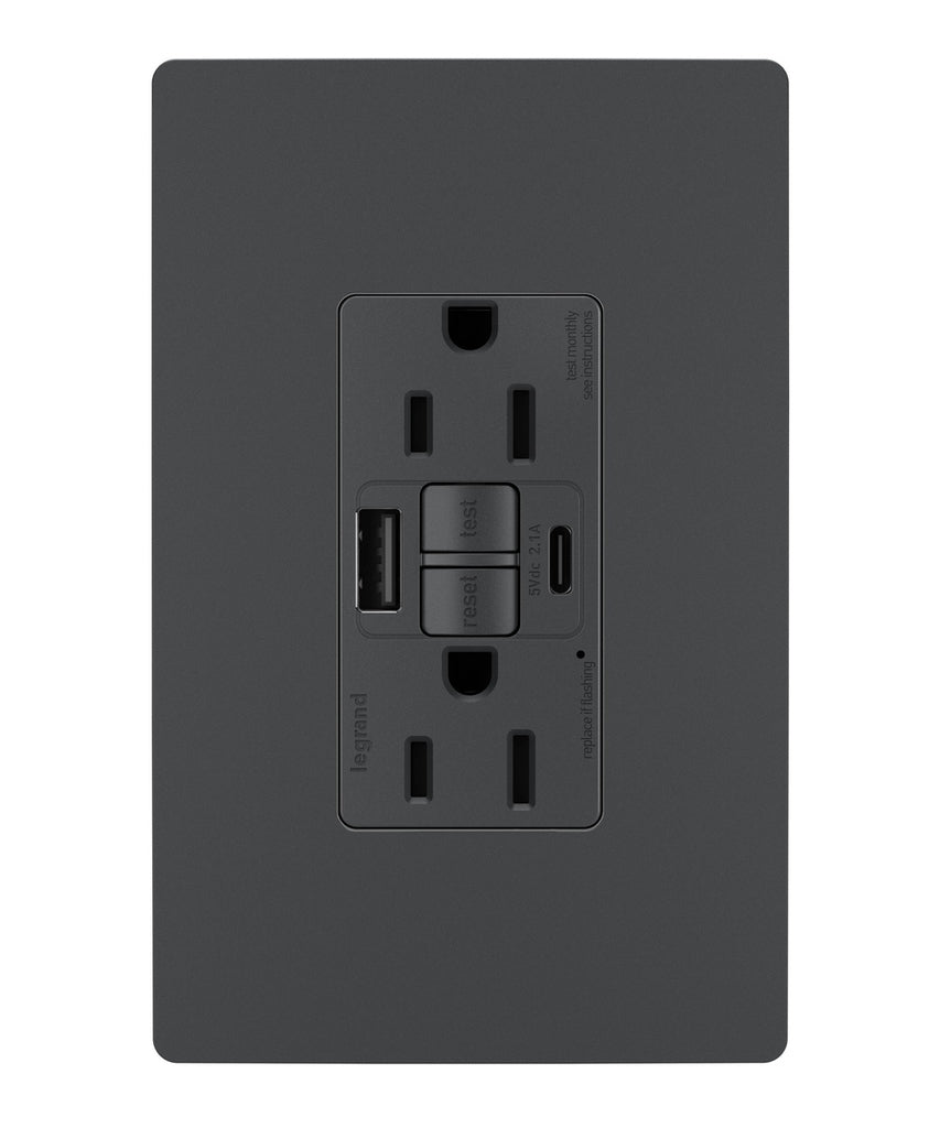 Legrand - 1597TRUSBACGC4 - Tamper-Resistant 15A Duplex Self-Test GFCI Receptacles with SafeLock Protection, USB Type A/C C4 - radiant - Graphite