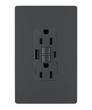 Legrand - 1597TRUSBACGC4 - Tamper-Resistant 15A Duplex Self-Test GFCI Receptacles with SafeLock Protection, USB Type A/C C4 - radiant - Graphite
