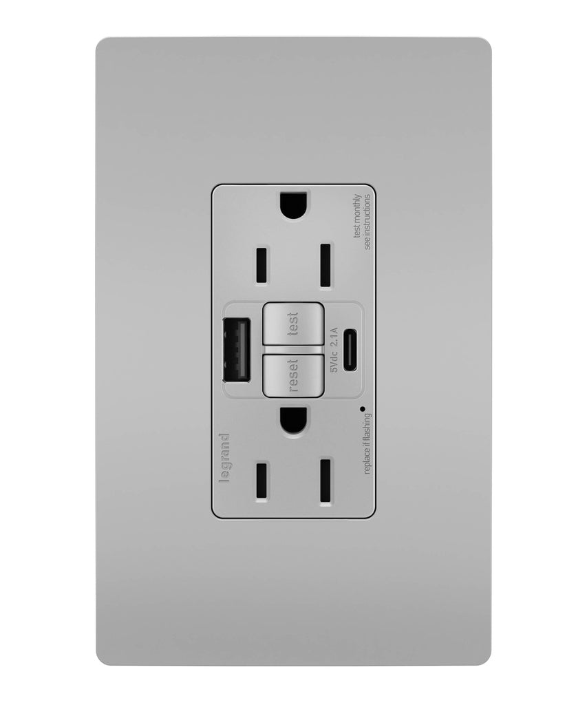 Legrand - 1597TRUSBACGRY - Tamper-Resistant 15A Duplex Self-Test GFCI Receptacles with SafeLock Protection, USB Type A/C - radiant - Gray