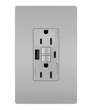 Legrand - 1597TRUSBACGRY - Tamper-Resistant 15A Duplex Self-Test GFCI Receptacles with SafeLock Protection, USB Type A/C - radiant - Gray