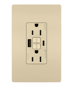 Legrand - 1597TRUSBACI - Tamper-Resistant 15A Duplex Self-Test GFCI Receptacles with SafeLock Protection, USB Type A/C - radiant - Ivory