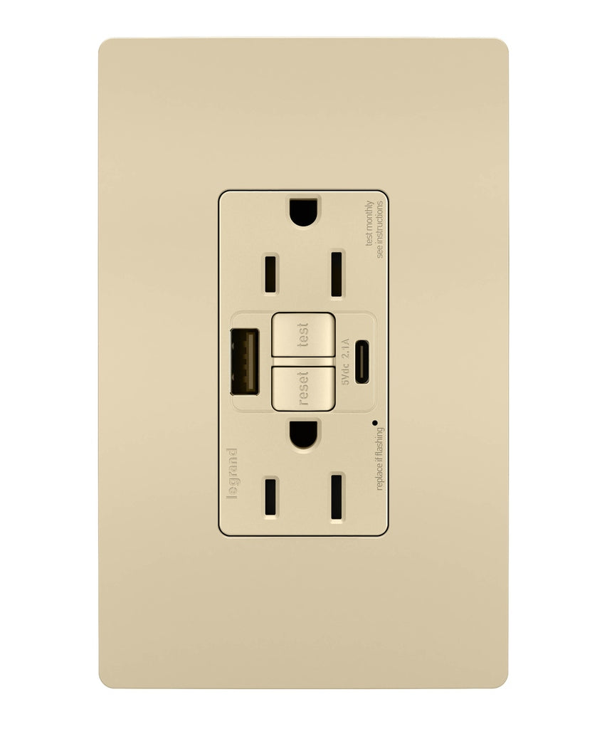 Legrand - 1597TRUSBACI - Tamper-Resistant 15A Duplex Self-Test GFCI Receptacles with SafeLock Protection, USB Type A/C - radiant - Ivory