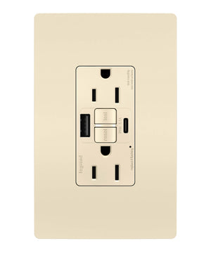 Legrand - 1597TRUSBACLA - Tamper-Resistant 15A Duplex Self-Test GFCI Receptacles with SafeLock Protection, USB Type A/C - radiant - Light Almond