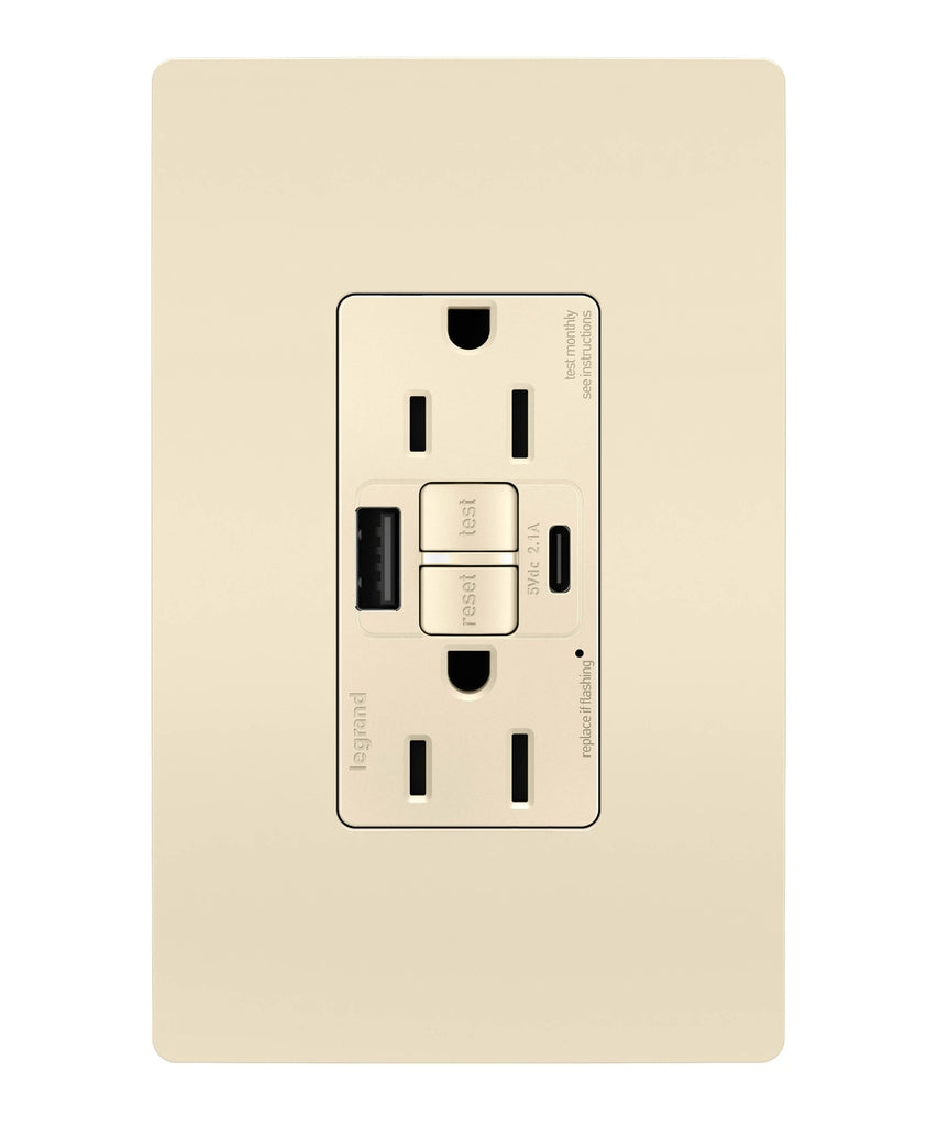 Legrand - 1597TRUSBACLA - Tamper-Resistant 15A Duplex Self-Test GFCI Receptacles with SafeLock Protection, USB Type A/C - radiant - Light Almond
