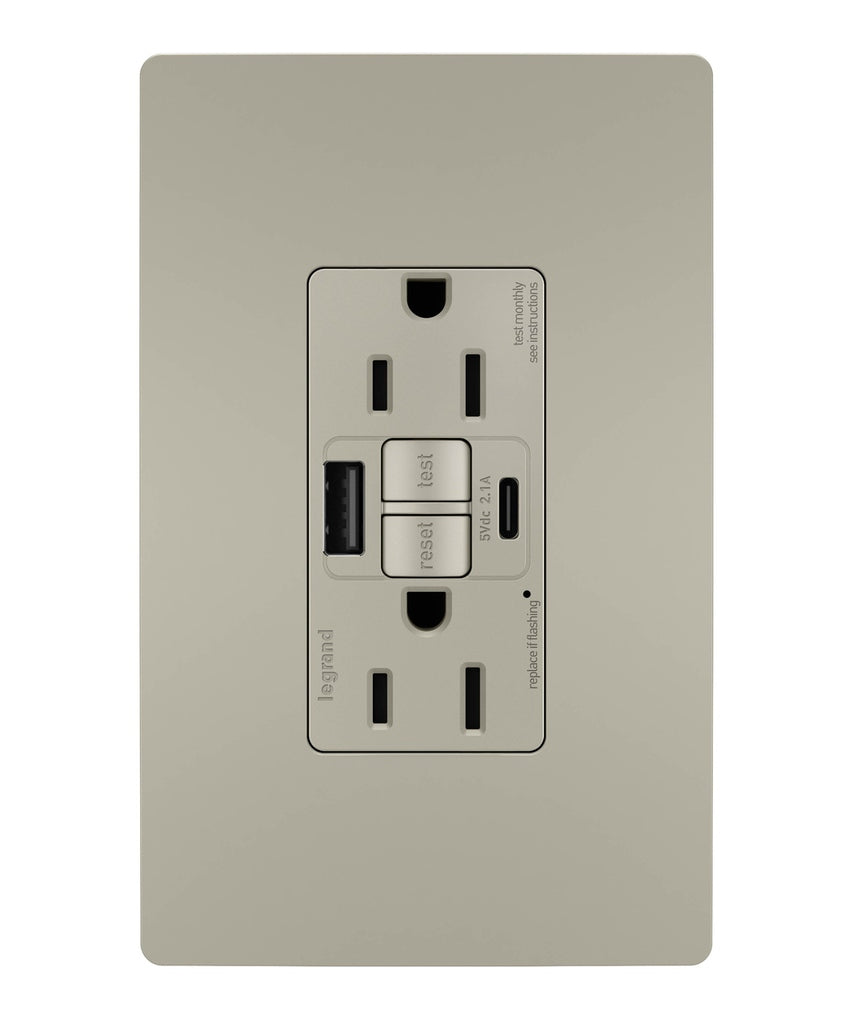 Legrand - 1597TRUSBACNIC4 - Tamper-Resistant 15A Duplex Self-Test GFCI Receptacles with SafeLock Protection, USB Type A/C C4 - radiant - Nickel