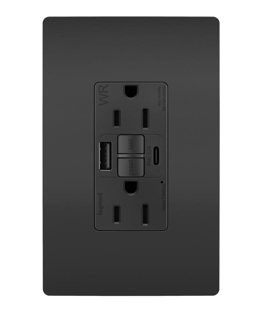 Legrand - 1597TRWRUSBACBK - Tamper Weather-Resistant 15A Duplex Self-Test GFCI Receptacles w SafeLock, USB Type A/C Outlets - radiant - Black