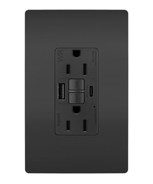 Legrand - 1597TRWRUSBACBK - Tamper Weather-Resistant 15A Duplex Self-Test GFCI Receptacles w SafeLock, USB Type A/C Outlets - radiant - Black