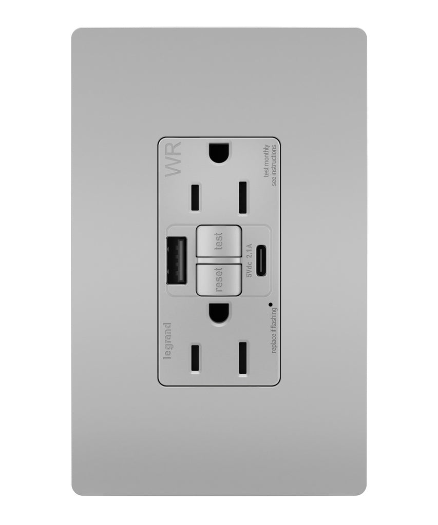 Legrand - 1597TRWRUSBACGRY - Tamper Weather-Resistant 15A Duplex Self-Test GFCI Receptacles w SafeLock, USB Type A/C Outlets - radiant - Gray