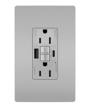 Legrand - 1597TRWRUSBACGRY - Tamper Weather-Resistant 15A Duplex Self-Test GFCI Receptacles w SafeLock, USB Type A/C Outlets - radiant - Gray