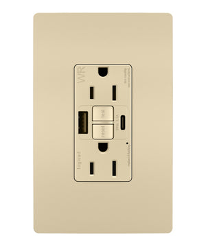 Legrand - 1597TRWRUSBACI - Tamper Weather-Resistant 15A Duplex Self-Test GFCI Receptacles w SafeLock, USB Type A/C Outlets - radiant - Ivory