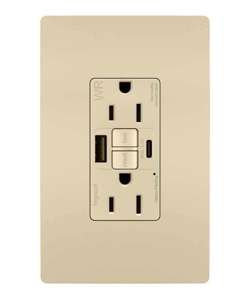Legrand - 1597TRWRUSBACI - Tamper Weather-Resistant 15A Duplex Self-Test GFCI Receptacles w SafeLock, USB Type A/C Outlets - radiant - Ivory