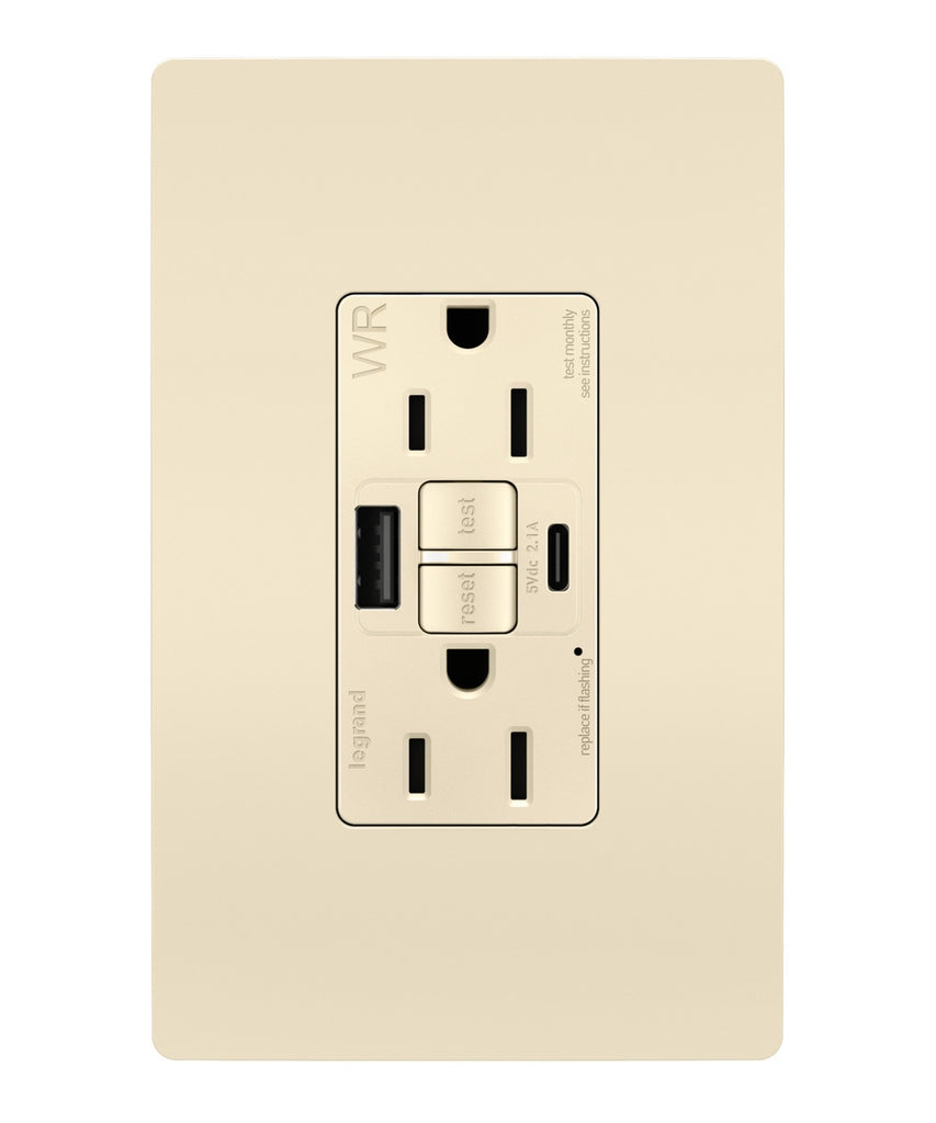 Legrand - 1597TRWRUSBACLA - Tamper Weather-Resistant 15A Duplex Self-Test GFCI Receptacles w SafeLock, USB Type A/C Outlets - radiant - Light Almond