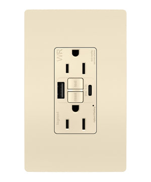 Legrand - 1597TRWRUSBACLA - Tamper Weather-Resistant 15A Duplex Self-Test GFCI Receptacles w SafeLock, USB Type A/C Outlets - radiant - Light Almond