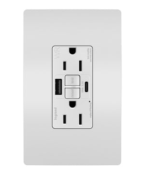 Legrand - 1597TRWRUSBACW - Tamper Weather-Resistant 15A Duplex Self-Test GFCI Receptacles w SafeLock, USB Type A/C Outlets - radiant - White
