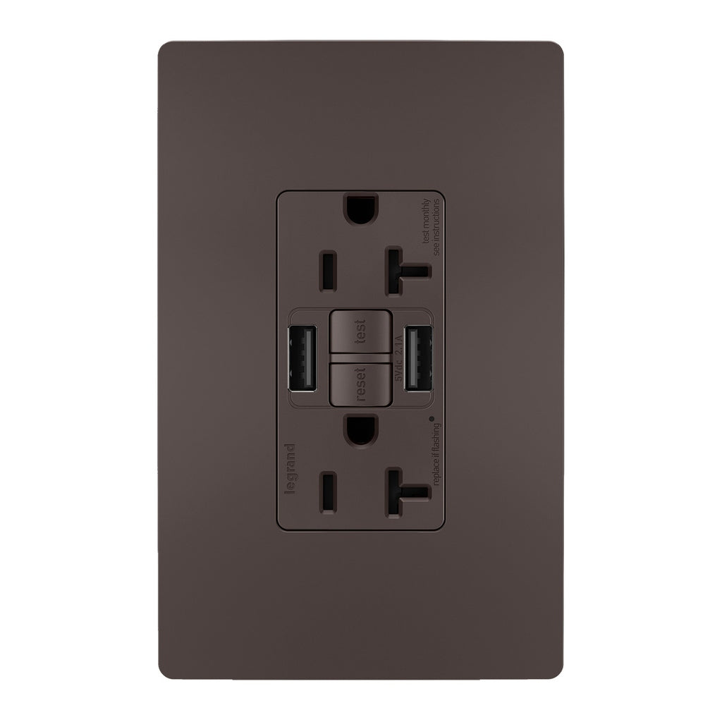Legrand - 2097TRUSBAA - Tamper-Resistant 20A Duplex Self-Test GFCI Receptacles with SafeLock Protection, Type A/A Outlet - radiant - Brown