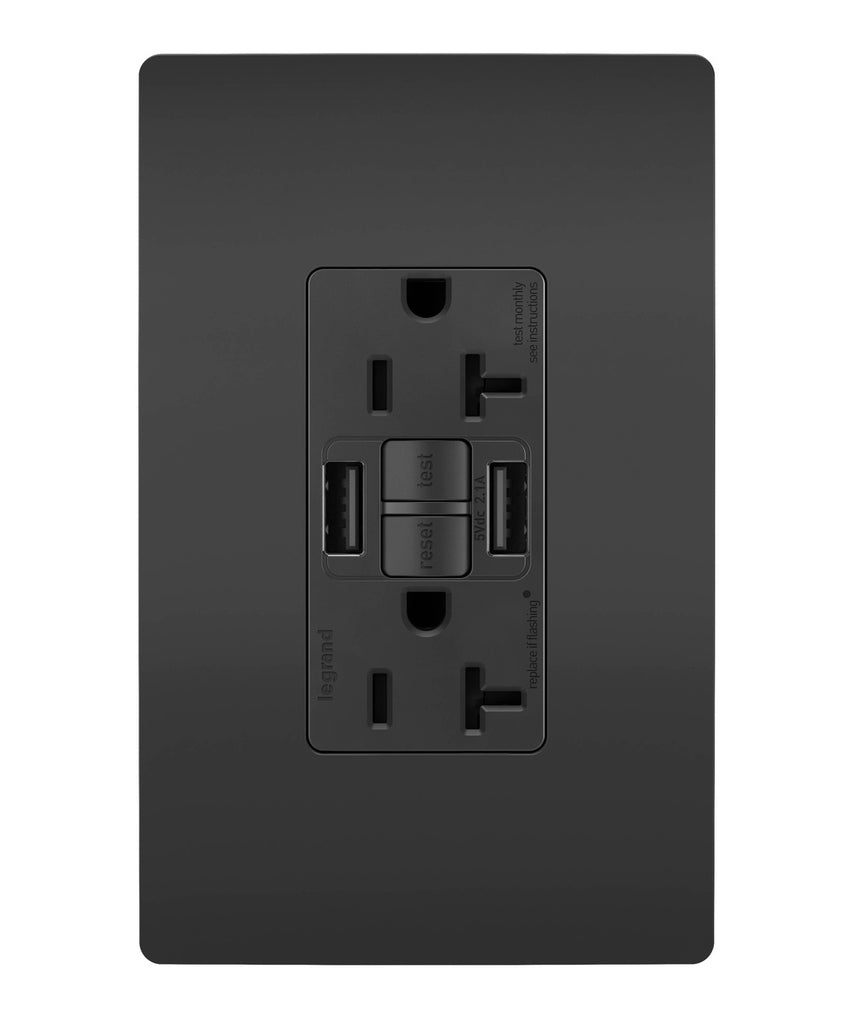 Legrand - 2097TRUSBAABK - Tamper-Resistant 20A Duplex Self-Test GFCI Receptacles with SafeLock Protection, Type A/A Outlet - radiant - Black