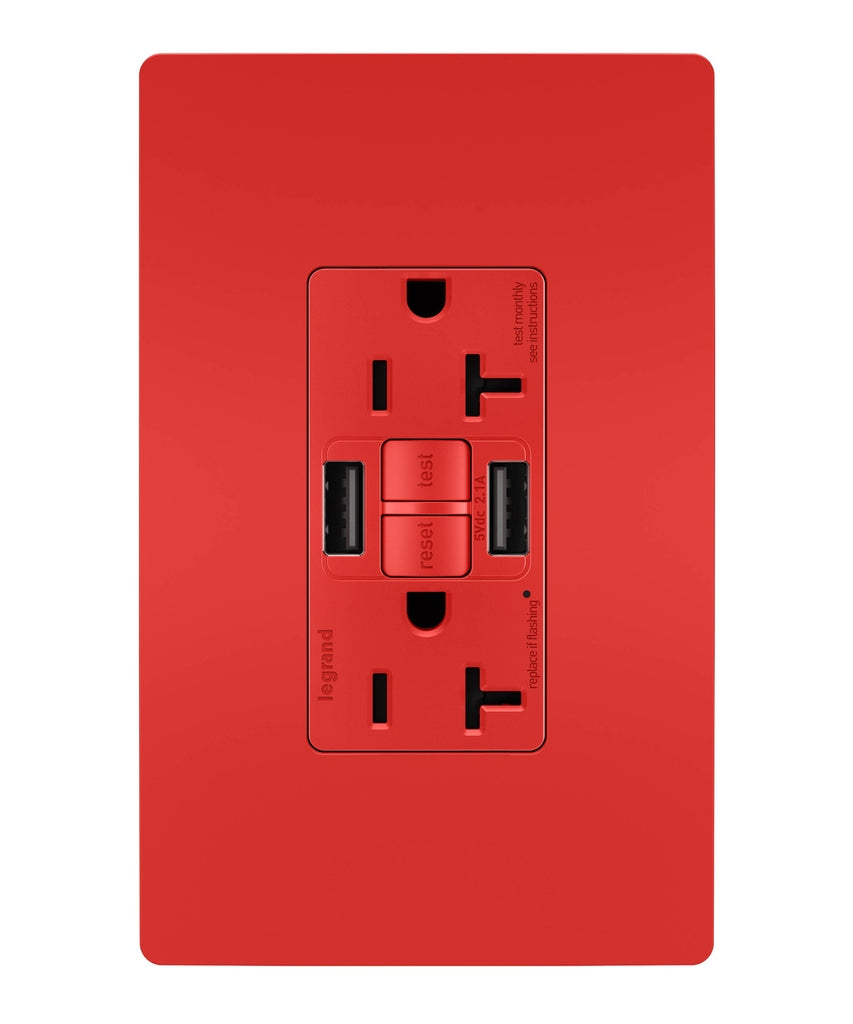 Legrand - 2097TRUSBAARED - Tamper-Resistant 20A Duplex Self-Test GFCI Receptacles with SafeLock Protection, Type A/A Outlet - radiant - Red