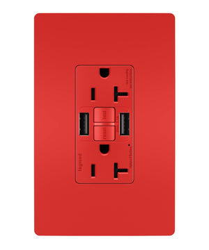 Legrand - 2097TRUSBAARED - Tamper-Resistant 20A Duplex Self-Test GFCI Receptacles with SafeLock Protection, Type A/A Outlet - radiant - Red