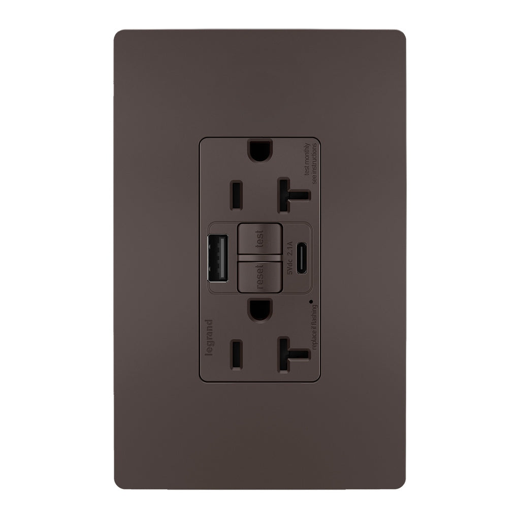 Legrand - 2097TRUSBAC - Tamper-Resistant 20A Duplex Self-Test GFCI Receptacles with SafeLock Protection, Type A/C Outlet - radiant - Brown