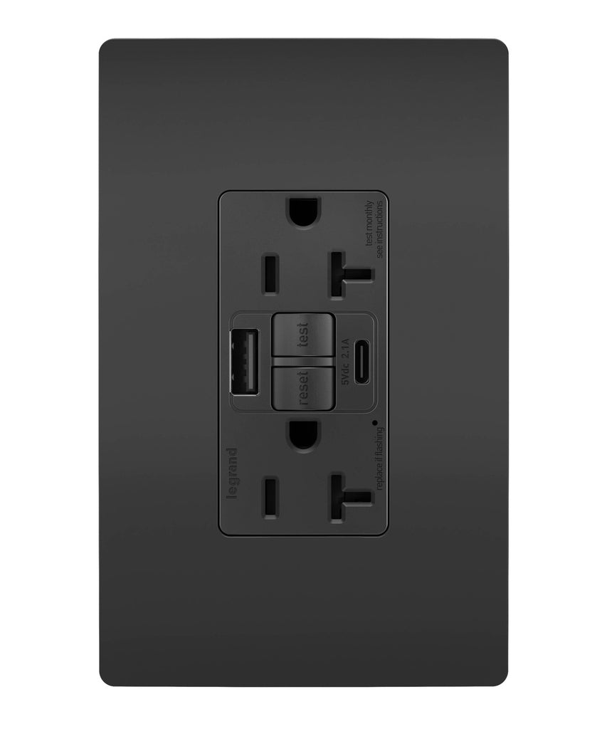 Legrand - 2097TRUSBACBK - Tamper-Resistant 20A Duplex Self-Test GFCI Receptacles with SafeLock Protection, Type A/C Outlet - radiant - Black