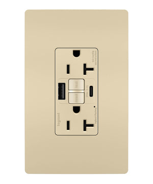 Legrand - 2097TRUSBACI - Tamper-Resistant 20A Duplex Self-Test GFCI Receptacles with SafeLock Protection, Type A/C Outlet - radiant - Ivory