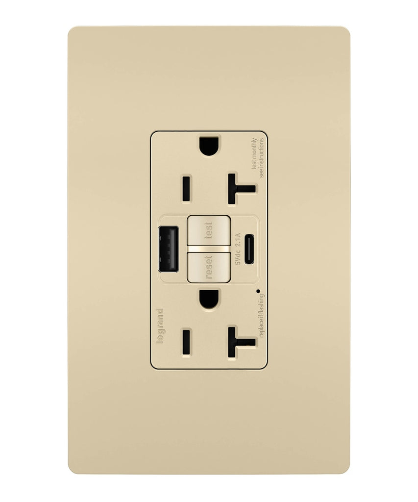 Legrand - 2097TRUSBACI - Tamper-Resistant 20A Duplex Self-Test GFCI Receptacles with SafeLock Protection, Type A/C Outlet - radiant - Ivory