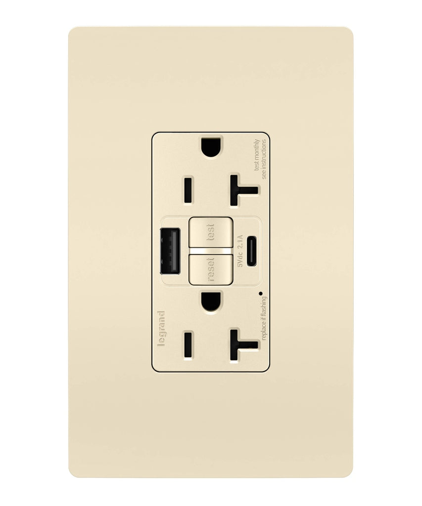 Legrand - 2097TRUSBACLA - Tamper-Resistant 20A Duplex Self-Test GFCI Receptacles with SafeLock Protection, Type A/C Outlet - radiant - Light Almond
