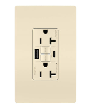 Legrand - 2097TRUSBACLA - Tamper-Resistant 20A Duplex Self-Test GFCI Receptacles with SafeLock Protection, Type A/C Outlet - radiant - Light Almond