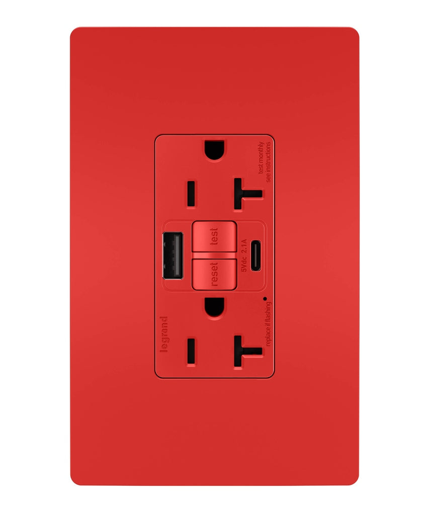 Legrand - 2097TRUSBACRED - Tamper-Resistant 20A Duplex Self-Test GFCI Receptacles with SafeLock Protection, Type A/C Outlet - radiant - Red