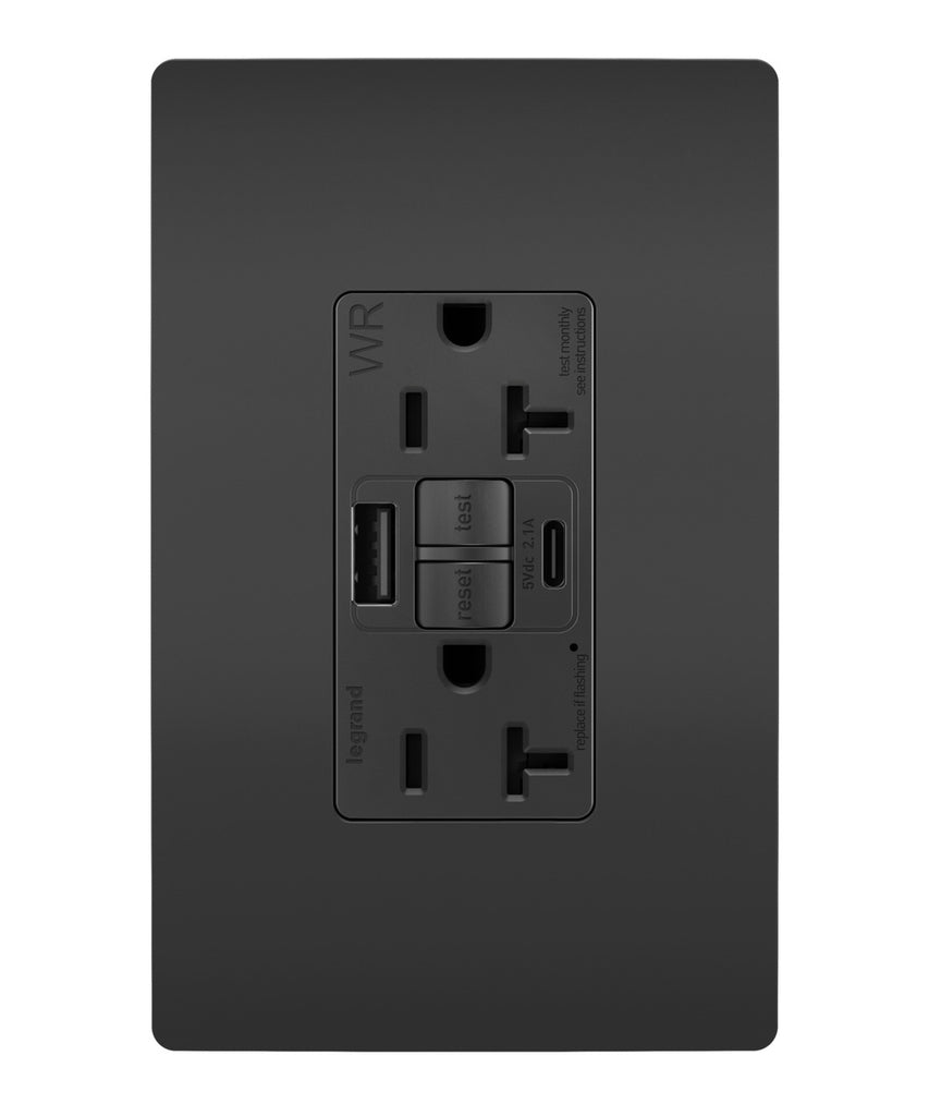 Legrand - 2097TRWRUSBACBK - Tamper Weather-Resistant 20A Duplex Self-Test GFCI Receptacles w SafeLock, Type A/C Outlet - radiant - Black