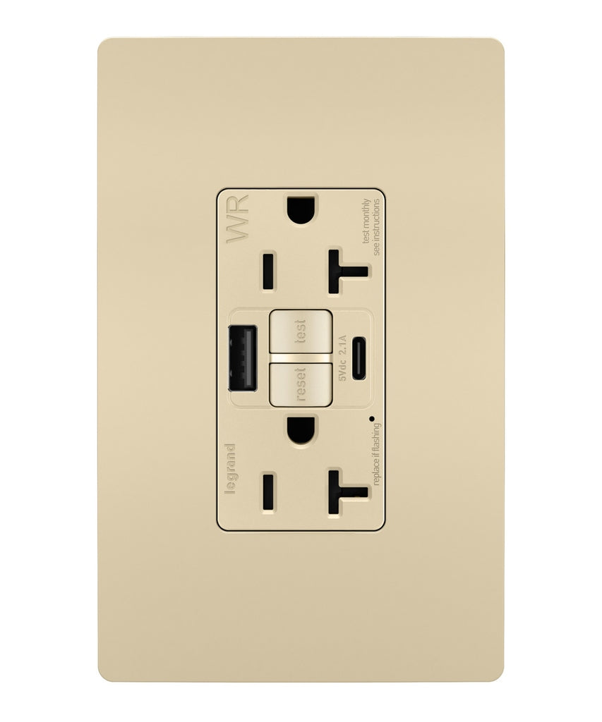 Legrand - 2097TRWRUSBACI - Tamper-Resistant Weather-Resistant Duplex Self-Test GFCI with USB Type A/C Outlet - radiant - Ivory