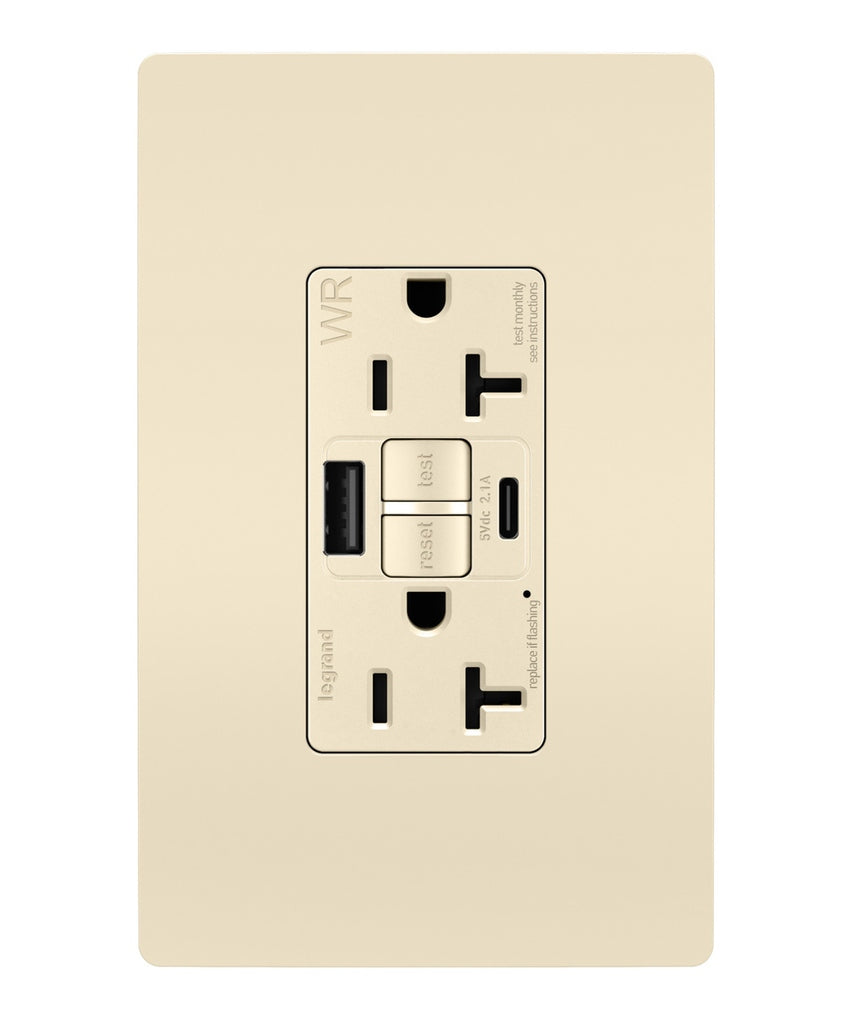 Legrand - 2097TRWRUSBACLA - Tamper-Resistant Weather-Resistant Duplex Self-Test GFCI with USB Type A/C Outlet - radiant - Light Almond