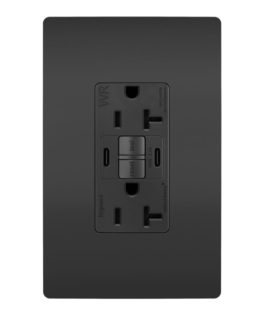 Legrand - 2097TRWRUSBCCBK - Tamper-Resistant Weather-Resistant Duplex Self-Test GFCI with USB Type A/C Outlet - radiant - Black
