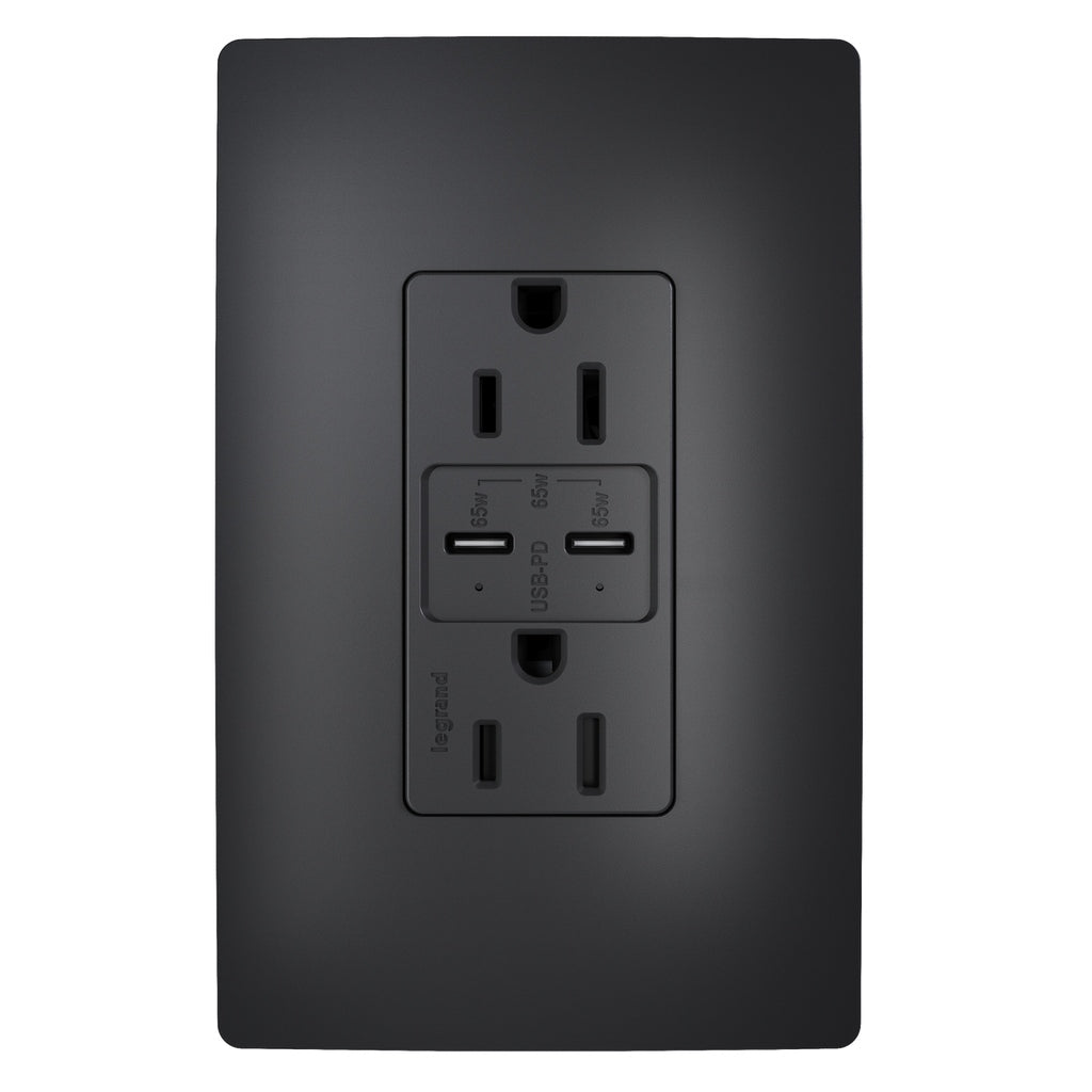 Legrand - R26USBPD65BK - 65W USB Outlet, Type C, 15A, Tamper-Resistant - radiant - Black
