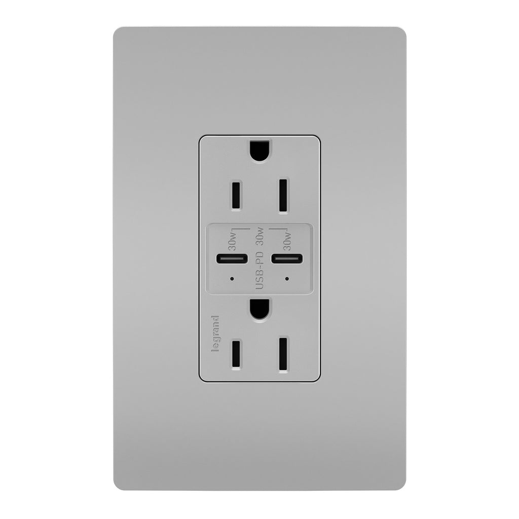 Legrand - R26USBPDGRY - 15A Tamper Resistant Ultra Fast PLUS Power Delivery USB Type C/C Outlet - radiant - Gray