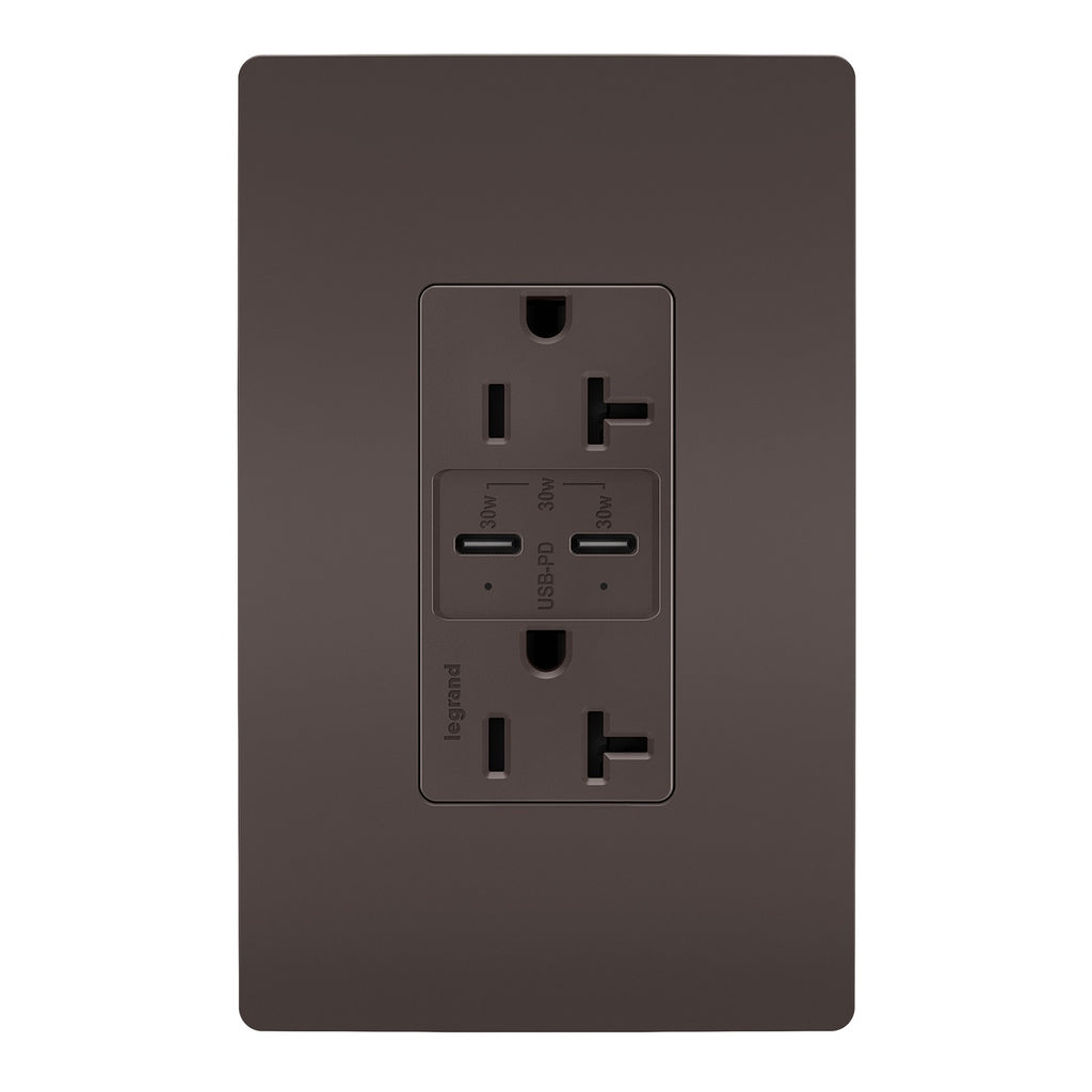 Legrand - TR20USBPD - 20A Tamper Resistant Ultra Fast PLUS Power Delivery USB Type C/C Outlet - radiant - Brown