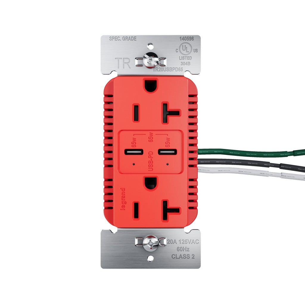 Legrand - TR20USBPD65RED - 65W Commercial USB Outlet, Type C, 20A, Tamper-Resistant - radiant - Red