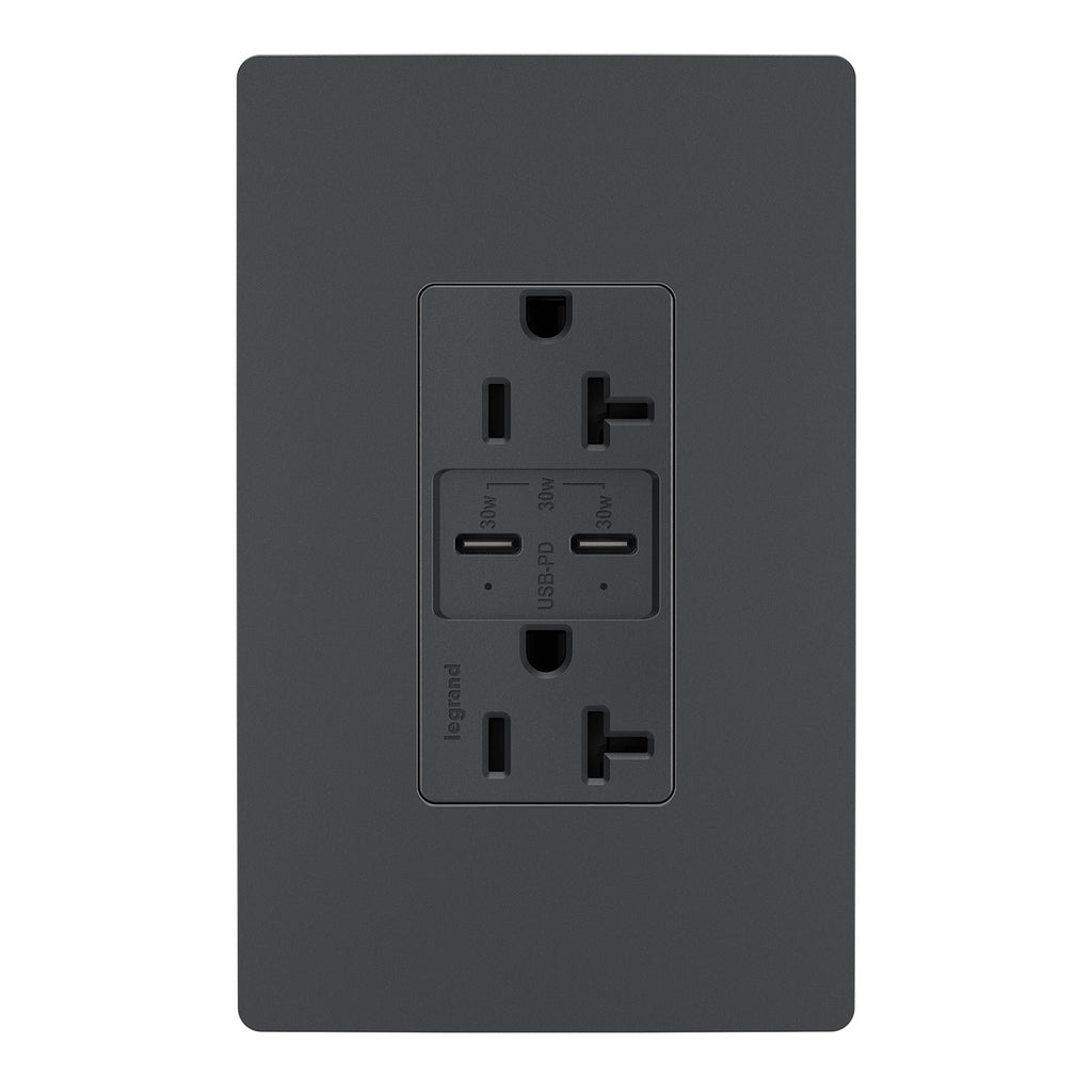 Legrand - TR20USBPDG - 20A Tamper Resistant Ultra Fast PLUS Power Delivery USB Type C/C Outlet - radiant - Graphite