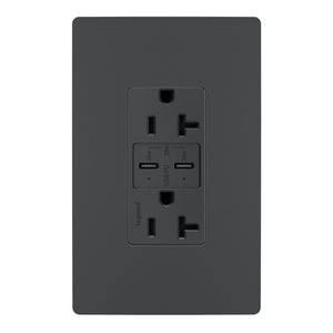 Legrand - TR20USBPDG - 20A Tamper Resistant Ultra Fast PLUS Power Delivery USB Type C/C Outlet - radiant - Graphite