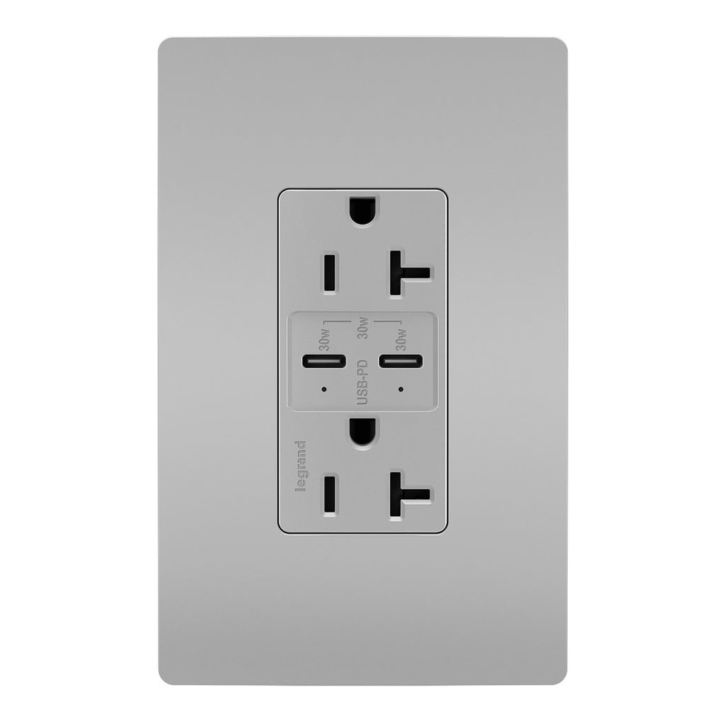 Legrand - TR20USBPDGRY - 20A Tamper Resistant Ultra Fast PLUS Power Delivery USB Type C/C Outlet - radiant - Gray