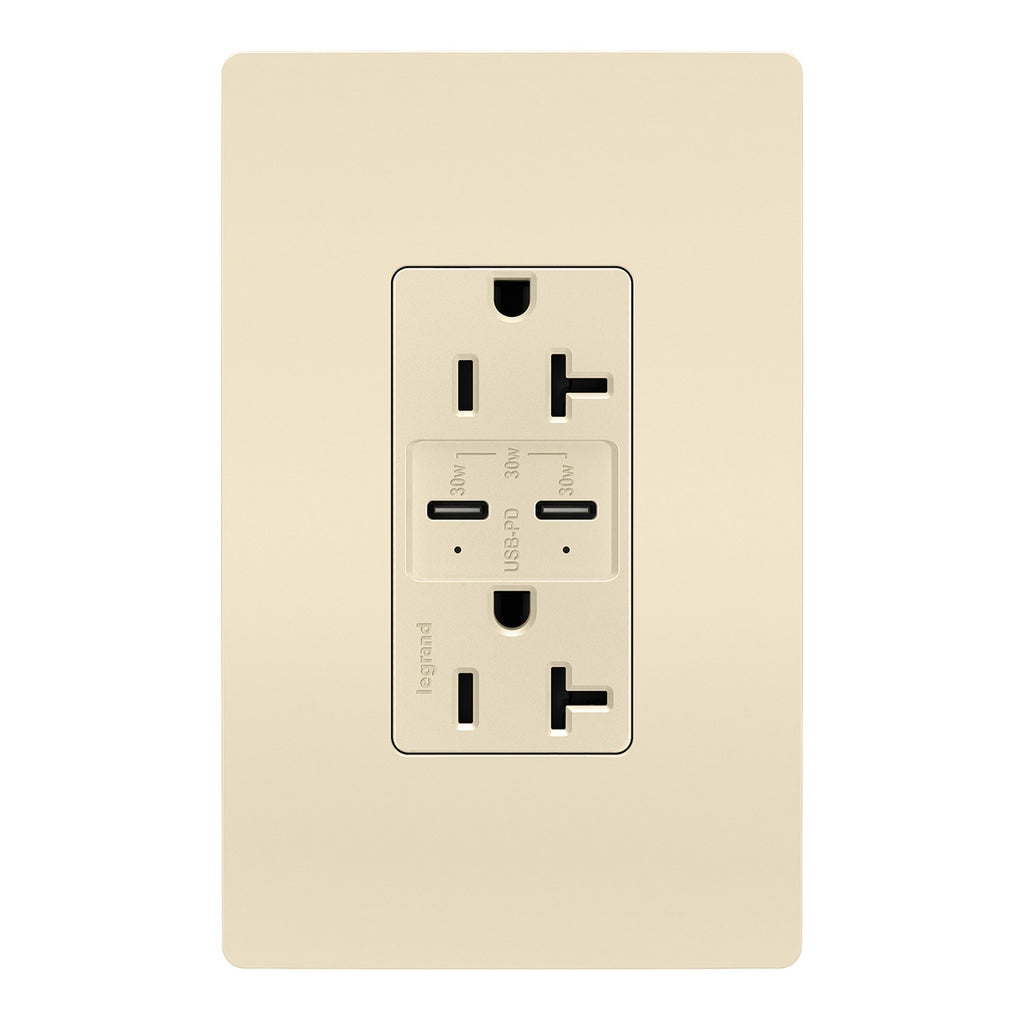 Legrand - TR20USBPDLA - 20A Tamper Resistant Ultra Fast PLUS Power Delivery USB Type C/C Outlet - radiant - Light Almond