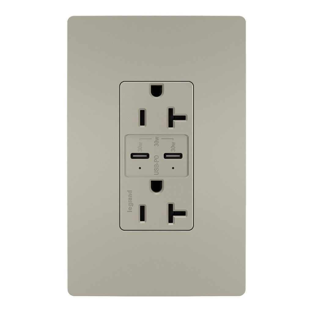 Legrand - TR20USBPDNI - 20A Tamper Resistant Ultra Fast PLUS Power Delivery USB Type C/C Outlet - radiant - Nickel